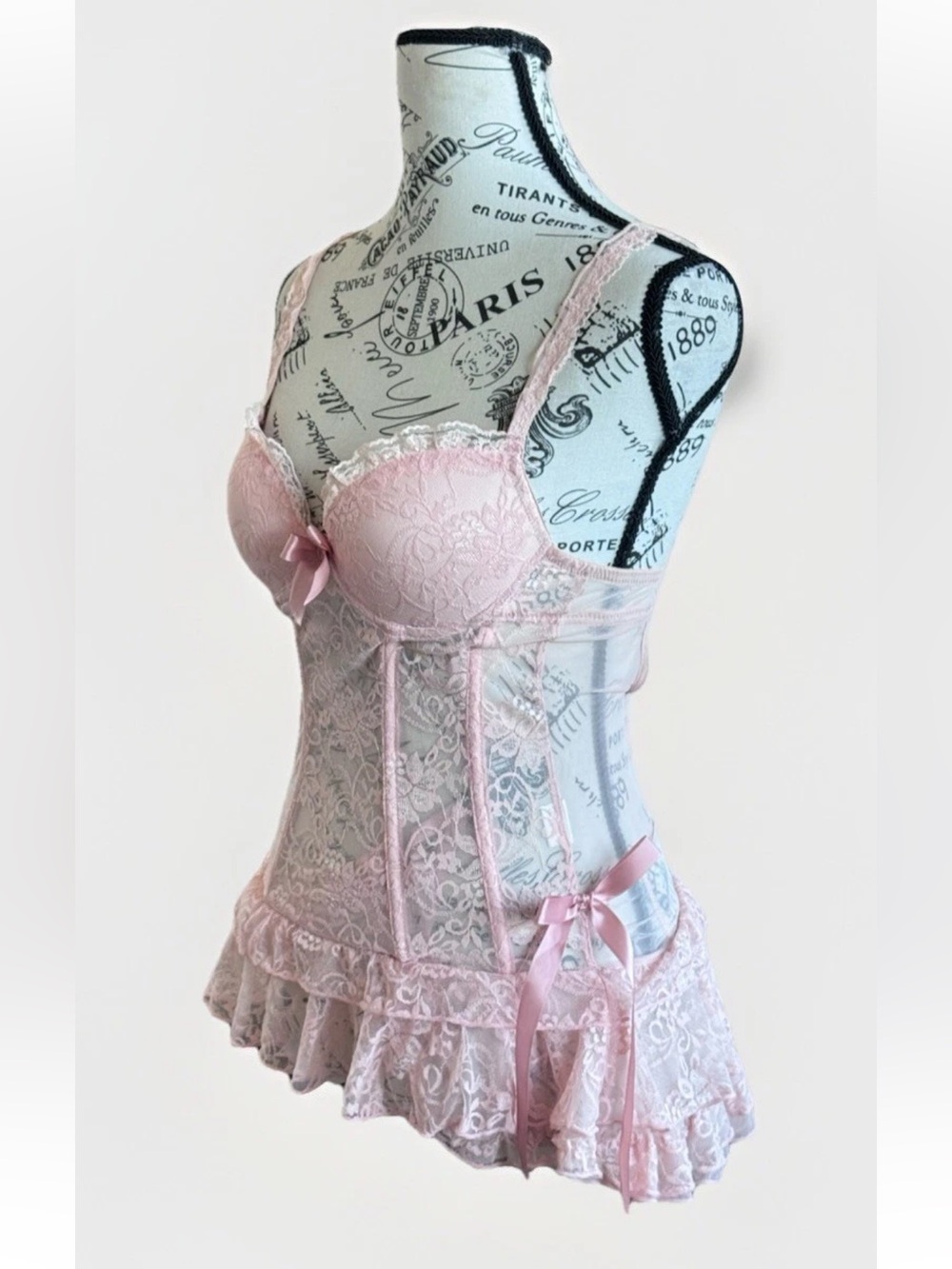 Pink Lace Coquette Romantic Fairy Ruffle Princess Corset Lingerie Bow